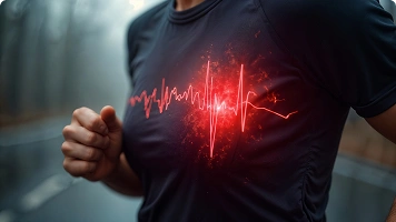 A conceptual image showing a man clutching his chest with an overlaid ECG graph, representing arrhythmia or possible heart-related symptoms.