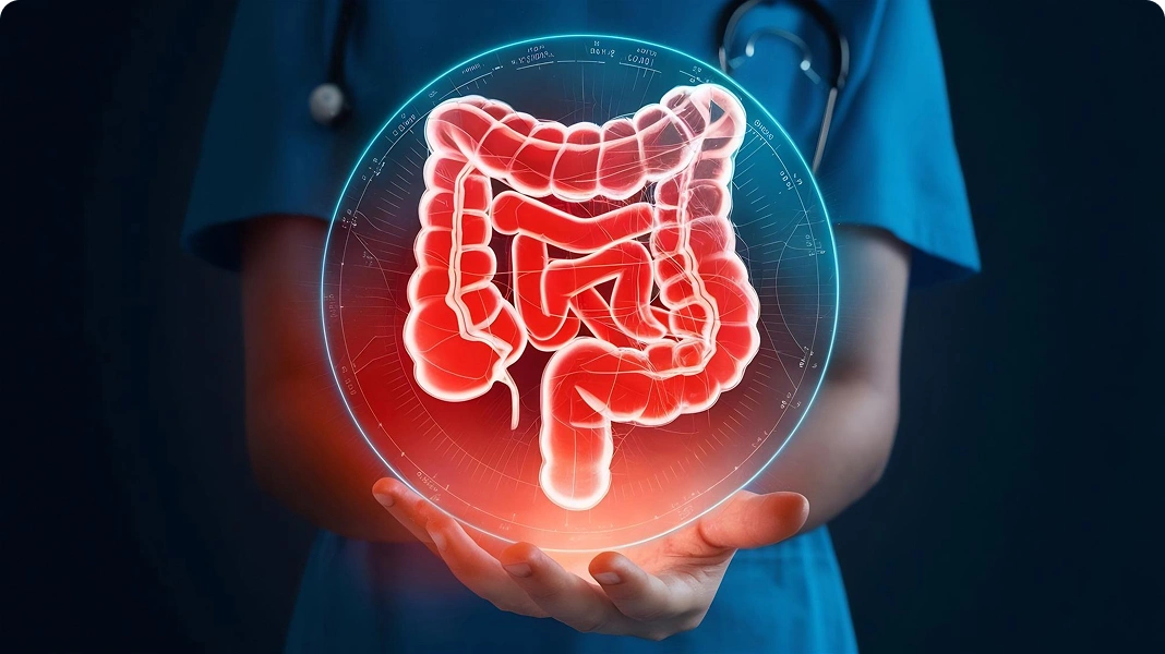 Hands over stomach in pain