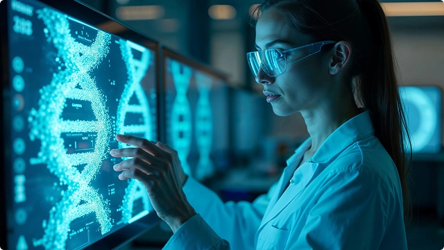 Gloved hand holding a test tube with red liquid in front of a DNA model.
