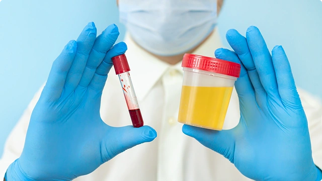 Gloved hand holding medical samples