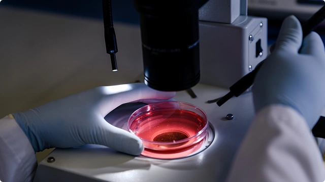 Lab technician handling stained tissue slides.