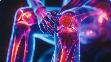 A person holding their wrist with a digitally enhanced overlay of the bones and joints